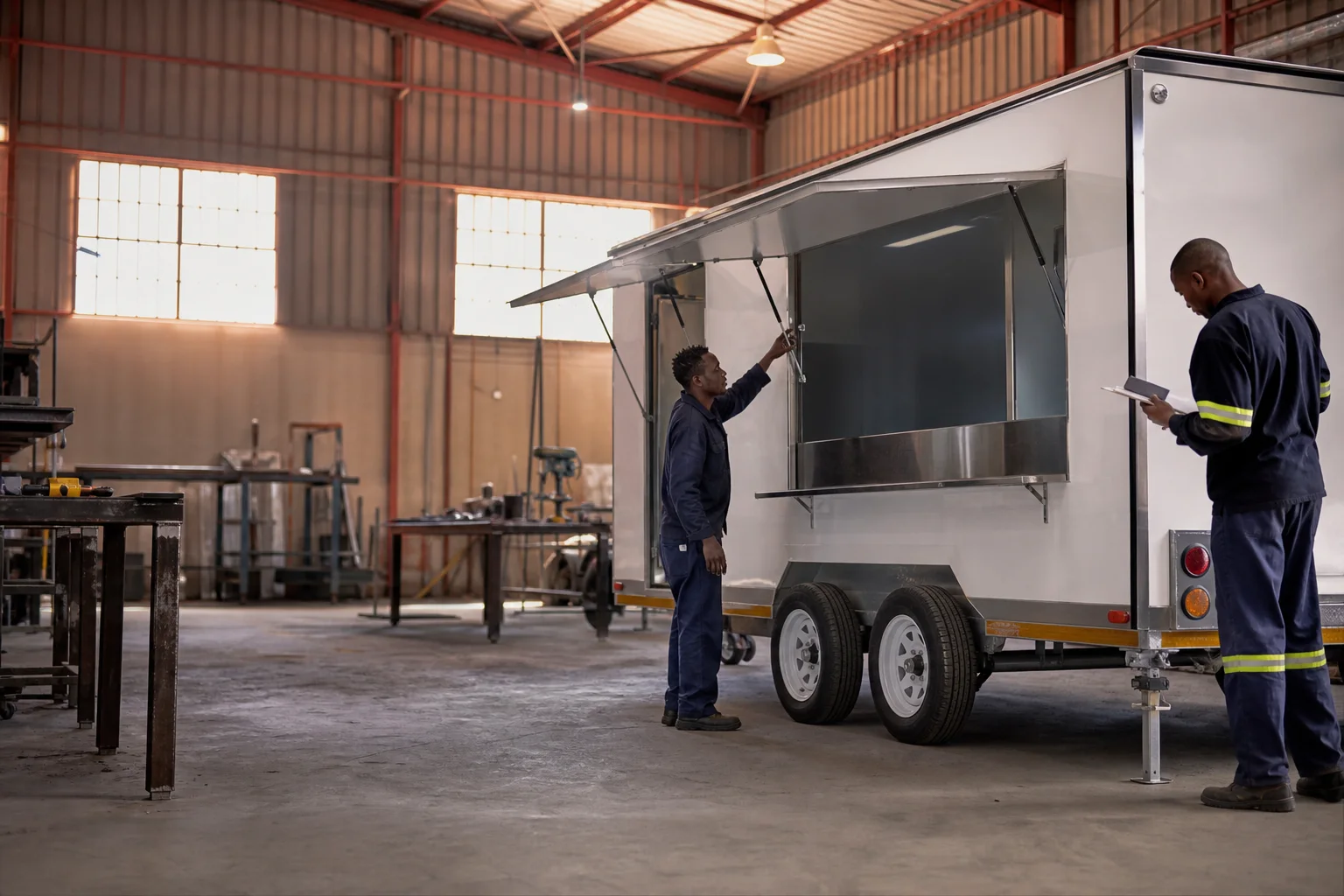 Two Dori Trailers team members checking the hatch and finish of a completed trailer in the workshop