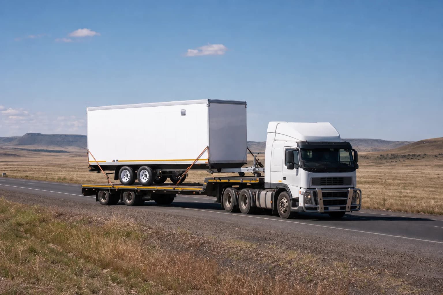 A completed white trailer secured on a flatbed truck, ready for delivery
