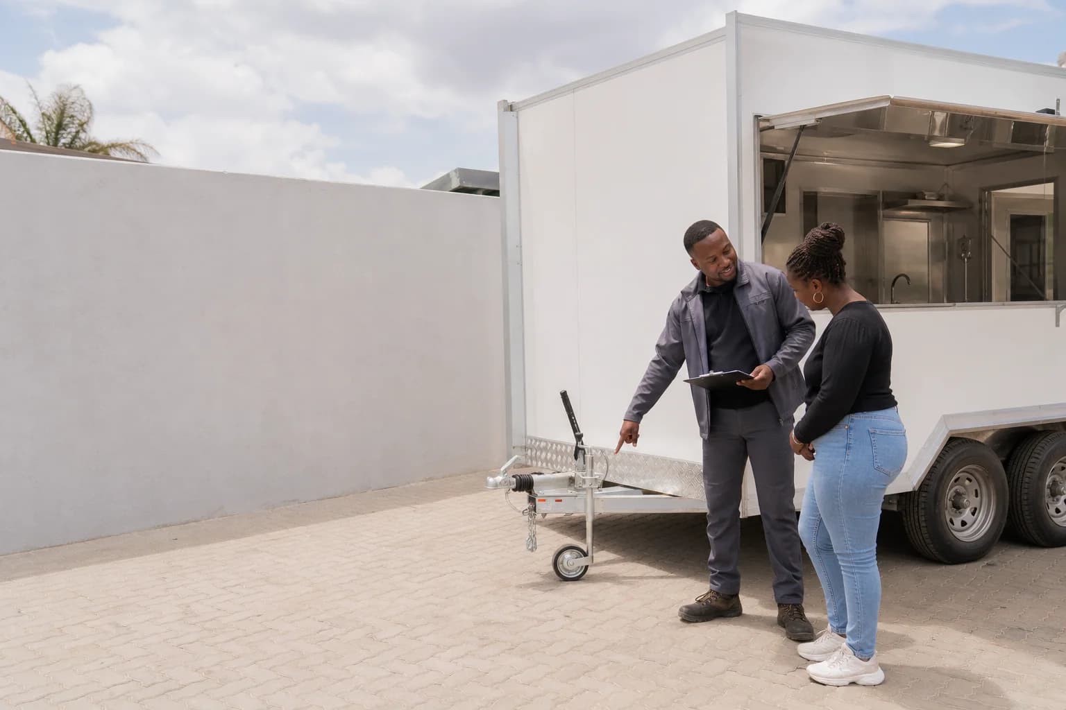 A Dori Trailers specialist walking a customer through the handover checklist beside a delivered trailer